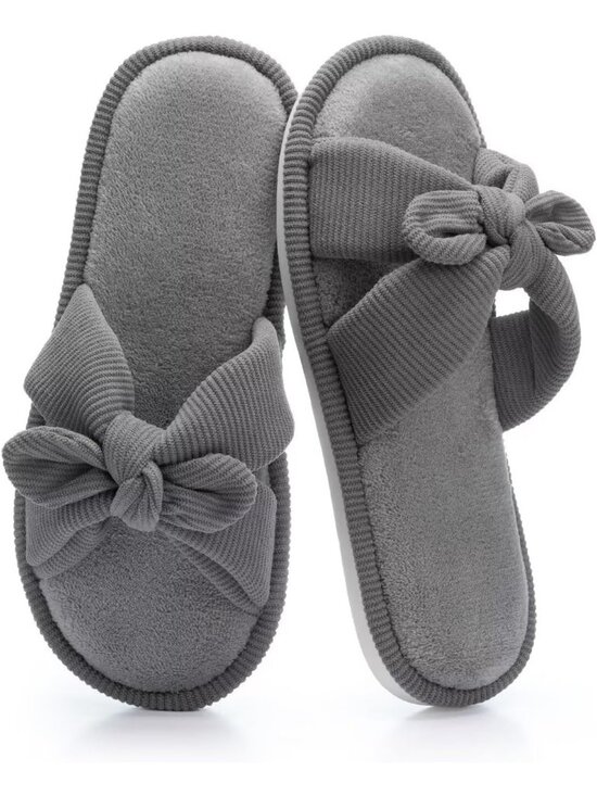 Shoes - Women's Grey Memory Foam Indoor Corduroy Crossband Open Toe Bow Slipper Shoes